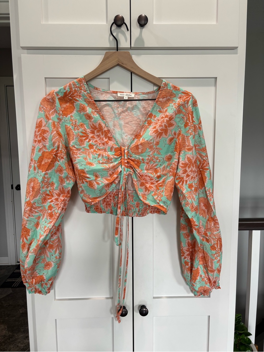 Vici Mint Green and Orange Floral Cropped Tie-Front Top
